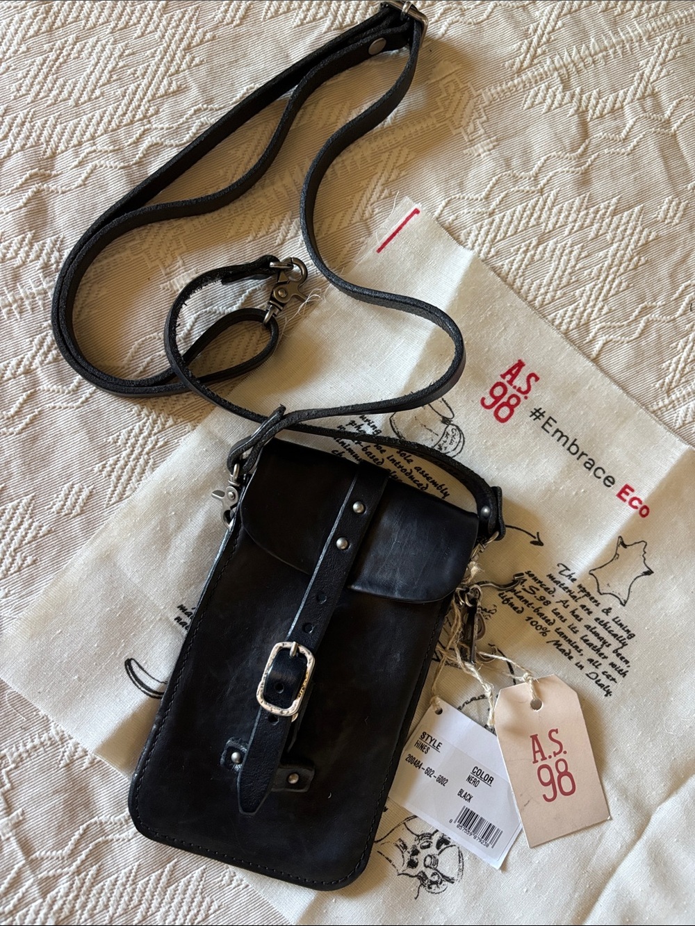 A.S.98 “HINES” Black Leather Phone Bag Crossbody Adjustable Strap NEW WITH TAGS!